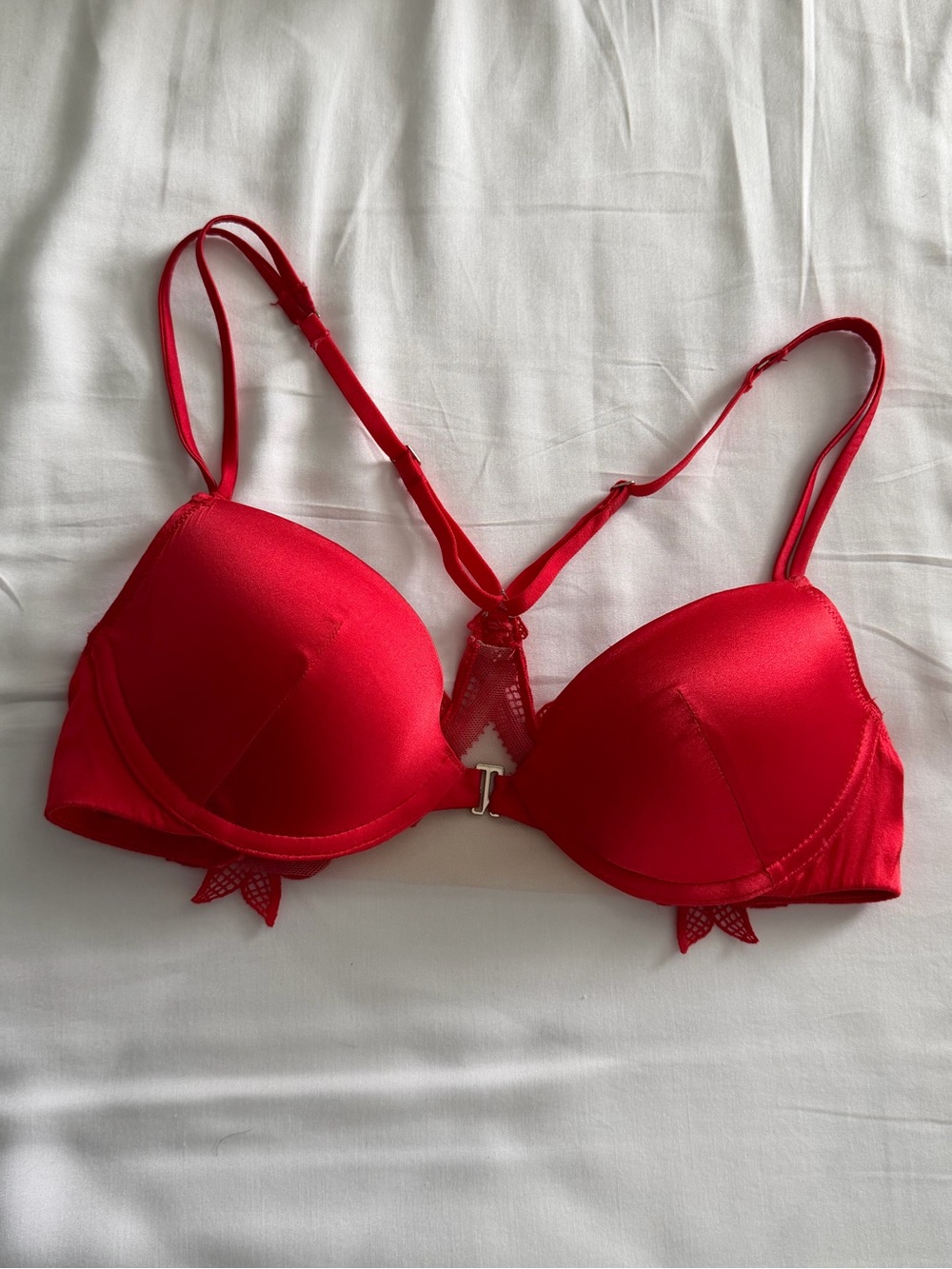 LIVY French Silk and Lace Cherry Red Racerback Push Up Bra, US 32B / France 85B